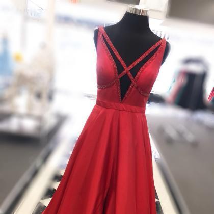 Red Satin V Back A Line Prom Dress, Formal Evening..