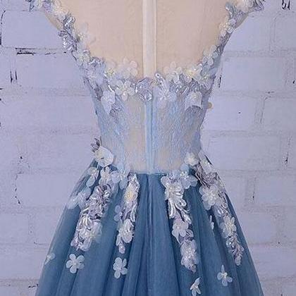 A Line Tulle Appliques Prom Dresses, Long Evening..