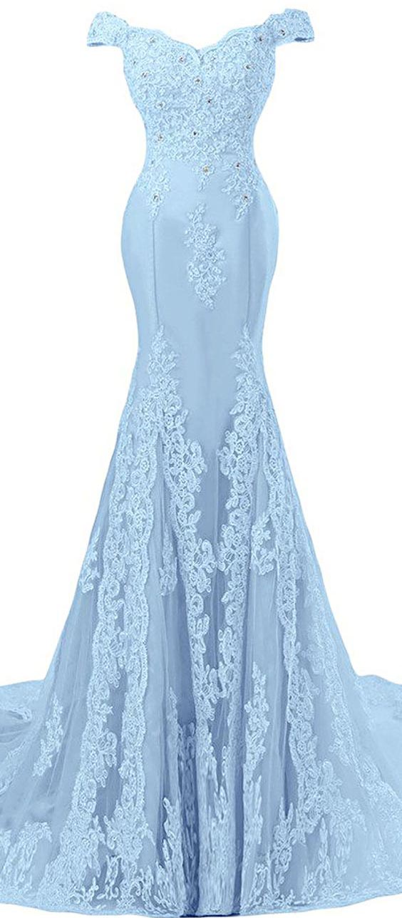 Off Shoulder Prom Dresses,appliques Prom Dresses,mermaid Prom Dress, Formal Lace Evening Gown,mermaid Evening Dress,light Blue Prom Dresses,prom