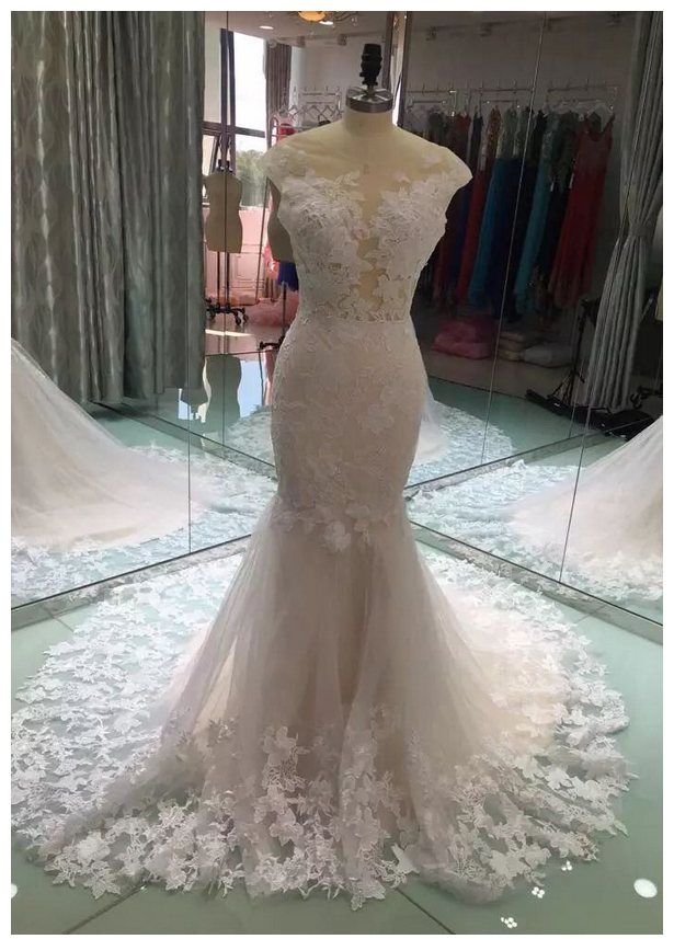 Mermaid Wedding Dresses,pink Wedding Dress,tulle Wedding Gown,lace Bridal Dress,appliques Wedding Dress Pf0232