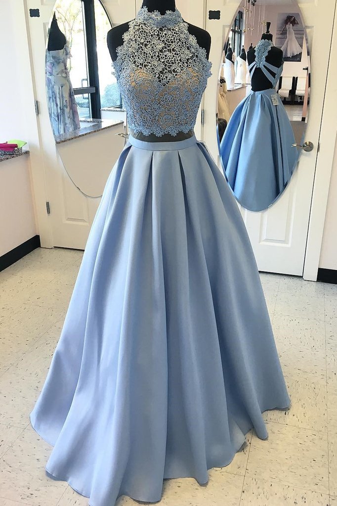 2 Piece Prom Dresses,high Neck Prom Gown, Prom Dress With Lace Top Pf0276