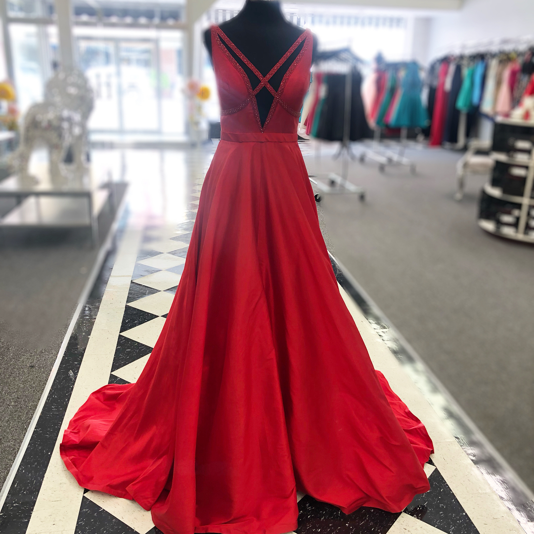 Red Satin V Back A Line Prom Dress, Formal Evening Gown Pf0298