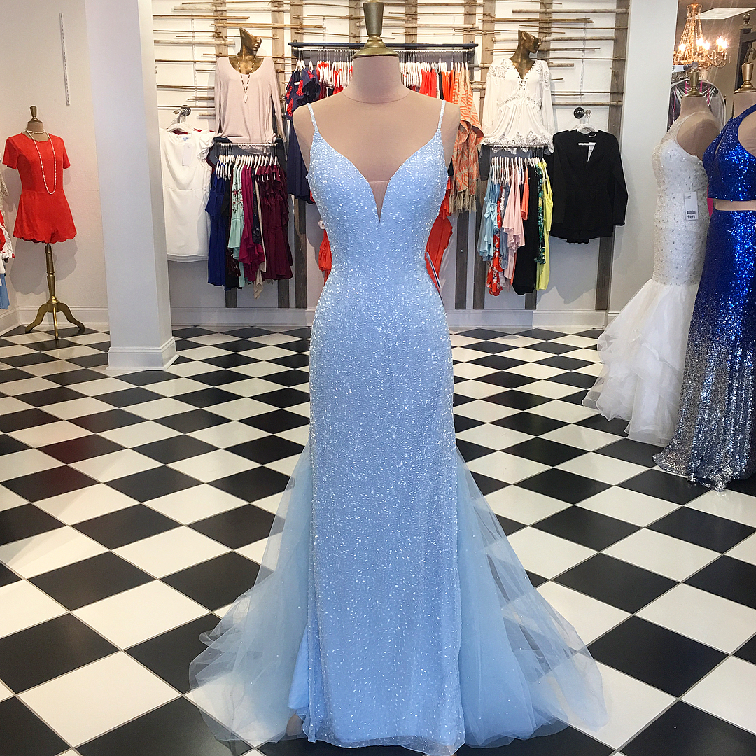 Gorgeous Blue Spaghetti Strap Plunging V Neck Mermaid Evening Prom Dress With Sequins Pf0307