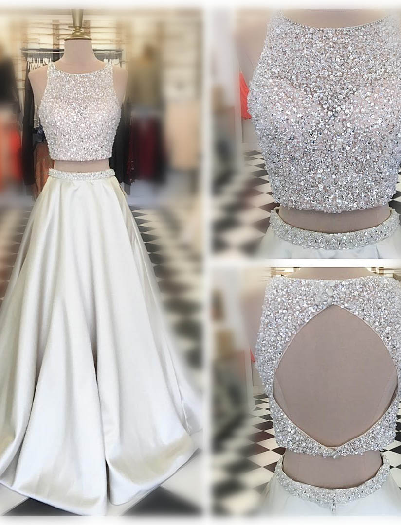 Two-piece Formal Dress Featuring Glitter Halter Crop Top And Satin Floor Length Skirt Pf0019